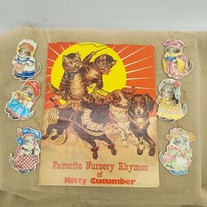 Vintage Kitty Cucumber Nursery Rhymes Book w/ Character Oraments Cats Dogs Retro